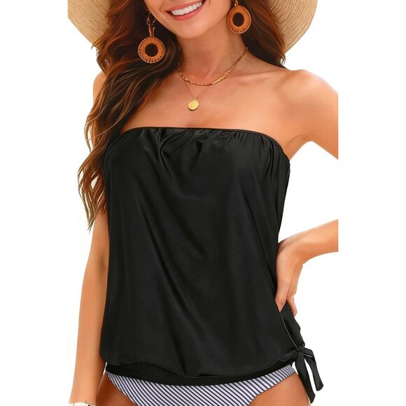 Women Swimwear Top Bandeau Blouson Tankini Support Tummy Control - Picture 1 of 5